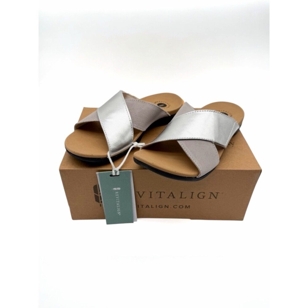 Revitalign Paloma Leather Orthotic Adjustable Cross Band Sandals Silver 6.5 NEW
